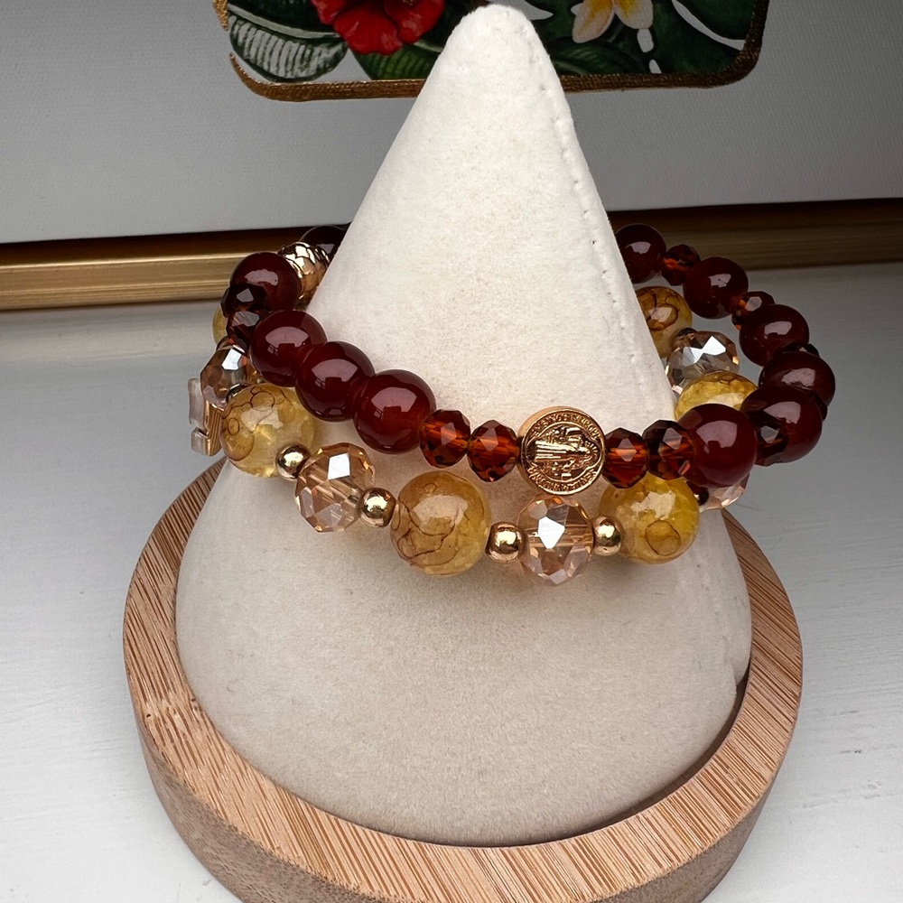 Gemstone Bracelet Set Red Yellow Crackle Cross Charm Boho Christian Butterfly - Picture 3 of 4